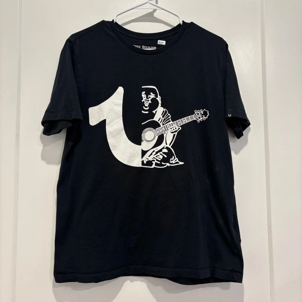 True Religion Mens World Tour Buddha Horseshoe Graphic T-Shirt Black Size M